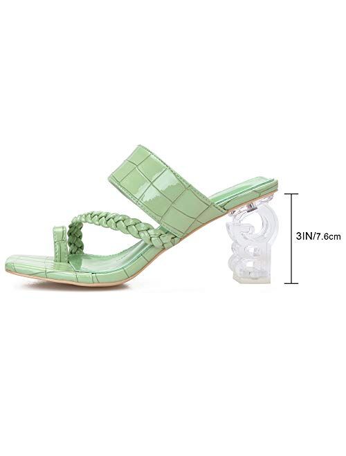 Camssoo Women's Thong Heels Square Toe Toe Ring Flip Flops Mules Slip on Open Toe Heeled Sandals Wedding Dress Lucite Clear Chunky Block Heels Slippers Slides