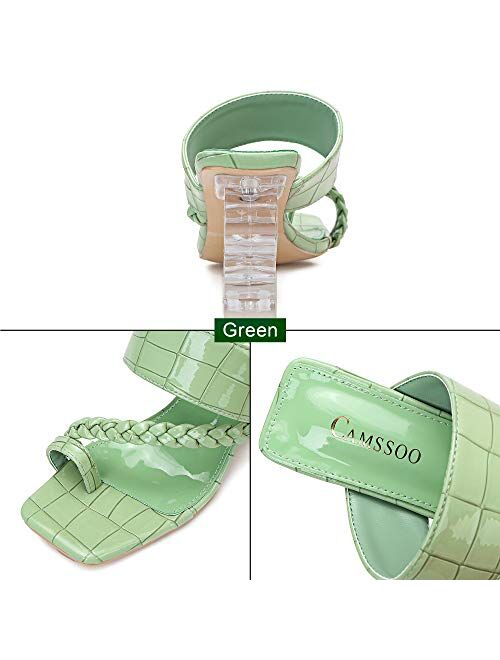 Camssoo Women's Thong Heels Square Toe Toe Ring Flip Flops Mules Slip on Open Toe Heeled Sandals Wedding Dress Lucite Clear Chunky Block Heels Slippers Slides