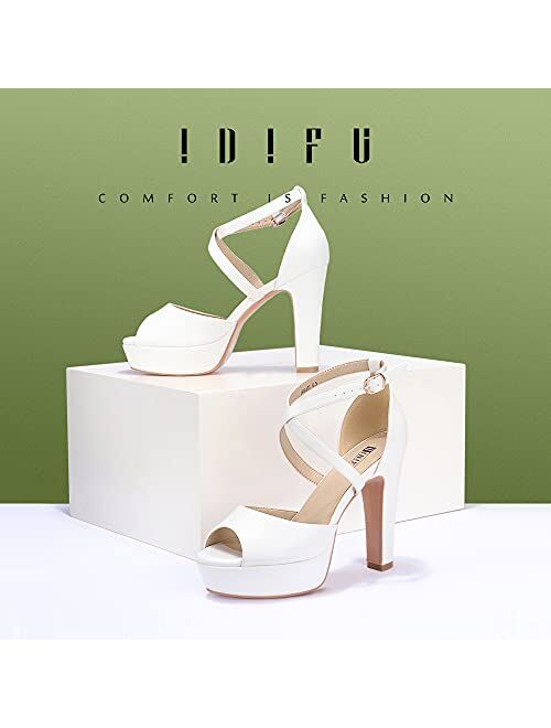 IDIFU Women's Platform Chunky High Heels Dress Sandals Peep Toe Ankle Strap Wedding Party Evening Shoes for Women Bride