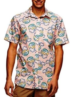 Navy Print Woven Casual Button-Down Short Sleeve Shirt Pink Skulls