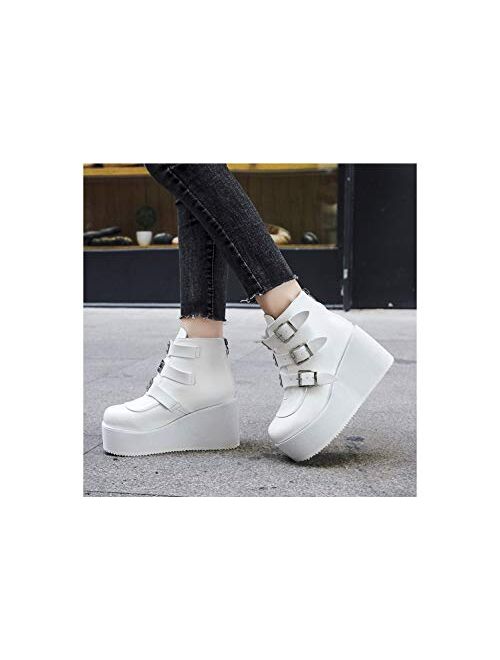 LUCKY STEP Women Platform Chunky Ankle Boots - Round Toe Zipper Wedges High Heels Hologram White Combat Knight Boots