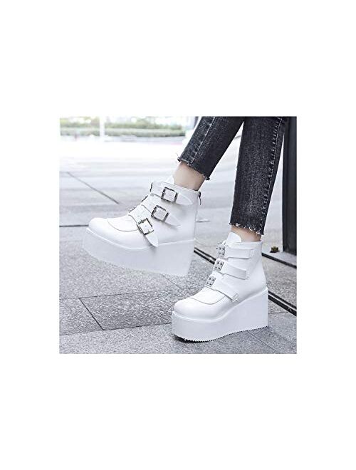 LUCKY STEP Women Platform Chunky Ankle Boots - Round Toe Zipper Wedges High Heels Hologram White Combat Knight Boots
