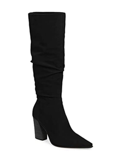 Womens Faux Suede Wide Calf Knee High Boots High Chunky Heel Side Zipper Booties