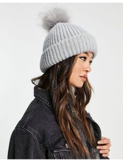 recycled knitted fur pom pom beanie in gray
