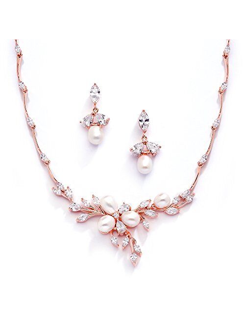 Mariell 14K Rose Gold Plated CZ Bridal Wedding Freshwater Pearl Necklace and Earrings Jewelry Set