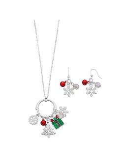 Snowflake, Christmas Tree & Gift Charm Necklace & Drop Earring Set