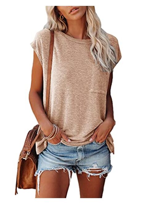 PiePieBuy Womens Crew Neck T-Shirt Cap Sleeve Loose Tops Solid Color Summer Shirts