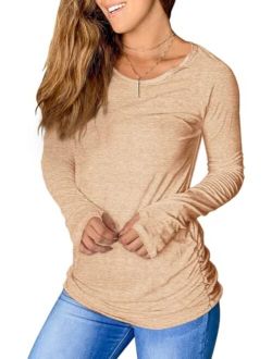Women's Thumb Hole T-Shirt Long Sleeve Crew Neck Plain Shirts Casual Ruched Tee Tops