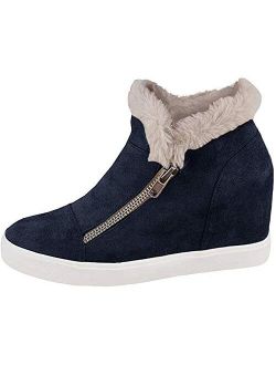 Womens Fuzzy Ankle Boots High Top Hidden Wedges Fleece Sneakers Side Zipper Winter Warm Booties