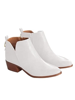 Women's Pointed Toe Ankle Boots Chunky Stacked Low Heel V Cut Side Zip Faux Leather Booties