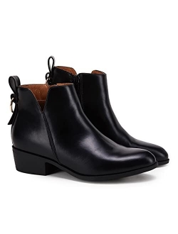 Women's Pointed Toe Ankle Boots Chunky Stacked Low Heel V Cut Side Zip Faux Leather Booties