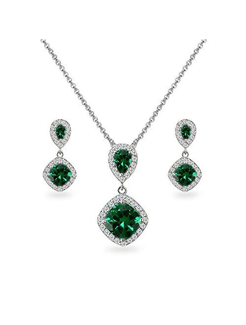 Sterling Silver Simulated Emerald & White Topaz Dangle Earrings & Necklace Set