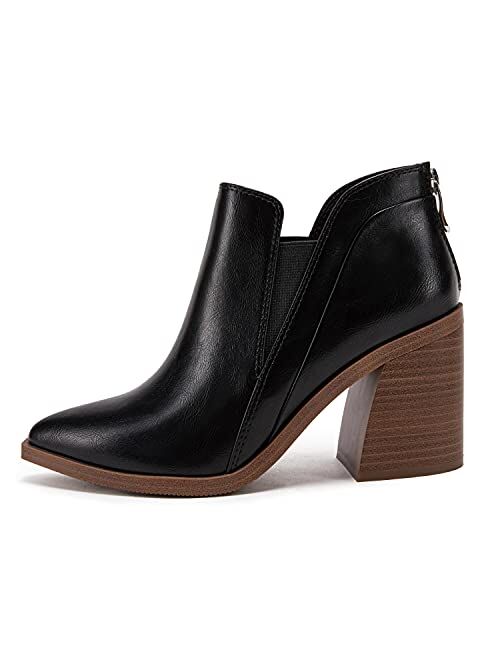 PiePieBuy Women's Pointed Toe Ankle Boots Stacked Heel V Cut Back Zipper Chelsea Booties