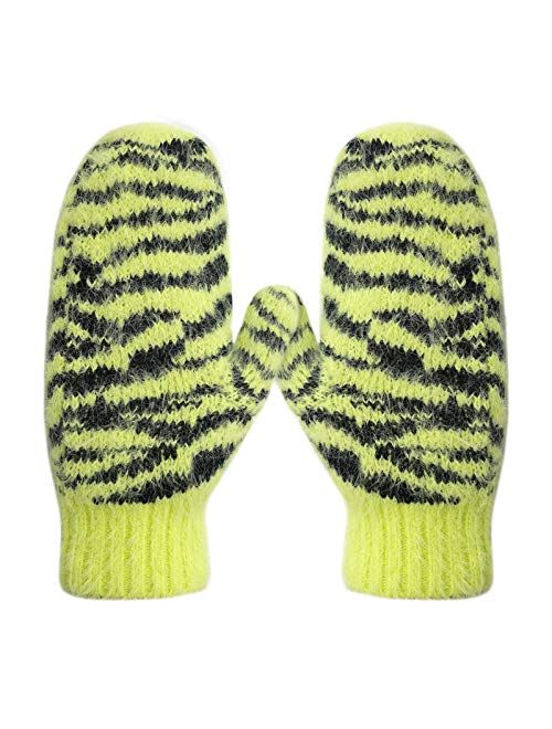 Zenssia Women's Soft and Warm Knitted Plush Fleece Winter Mittens with Unique Zebra-Striped Pattern