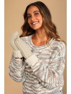 Winter Wishes Beige Cable Knit Faux Fur Mittens