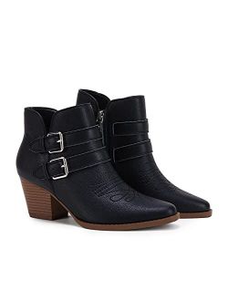 Womens Side Zipper Ankle Boots Chunky Stacked Low Heel V Cut Out Pointed Toe Booties With Buckle