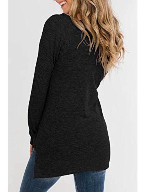 PiePieBuy Womens Long Sleeve Henley Shirts Side Split Hem Casual Tunic Solid Color Tops