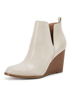 Women's Classic Pointed Toe Ankle Boots Slip on Cutout Chunky Wedge Heel Boots