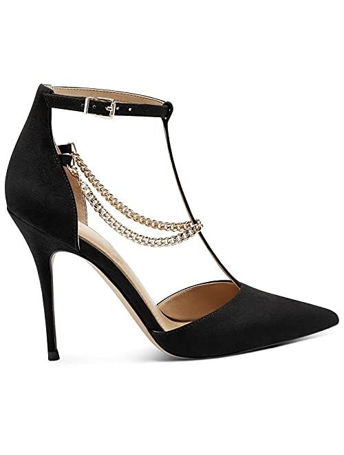 PiePieBuy Womens T-Strap Pump Ankle Strap Chain Pointed Toe Stiletto Heels Dress Wedding Shoes