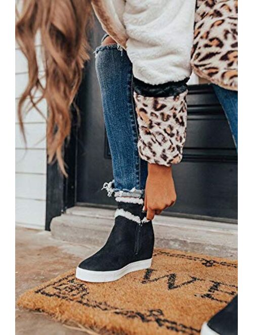 PiePieBuy Women’s Hidden Wedge Platform Sneakers Side Zipper Fuzzy Sherpa Platform Autumn Winter Ankle Boots