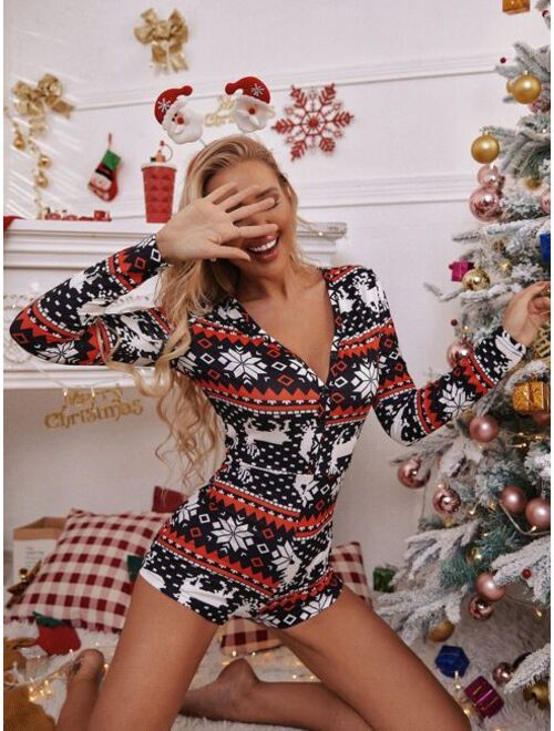 Shein Christmas Elk And Geo Print Plunging Neck Lounge Romper