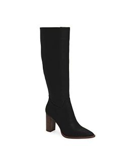 Women's Pointed Toe Knee High Boots Side Zipper Mid Block Heel Faux Leather Riding Booties