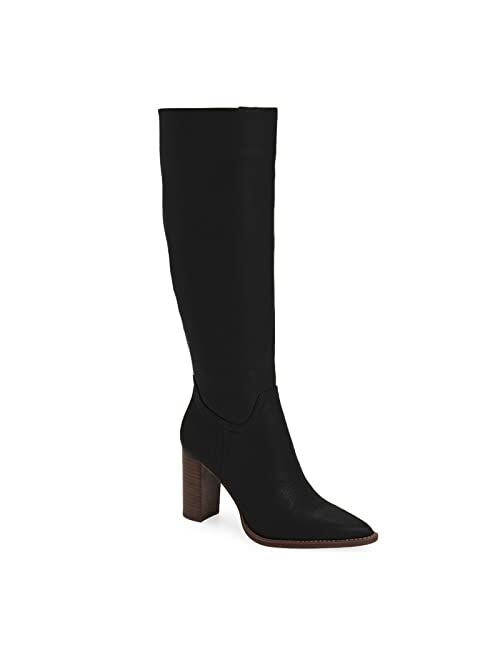 PiePieBuy Women's Pointed Toe Knee High Boots Side Zipper Mid Block Heel Faux Leather Riding Booties