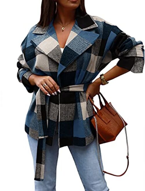 PiePieBuy Womens Casual Plaid Jacket Wool Blend Long Sleeve Tie Waist Shacket Coat With Pockets