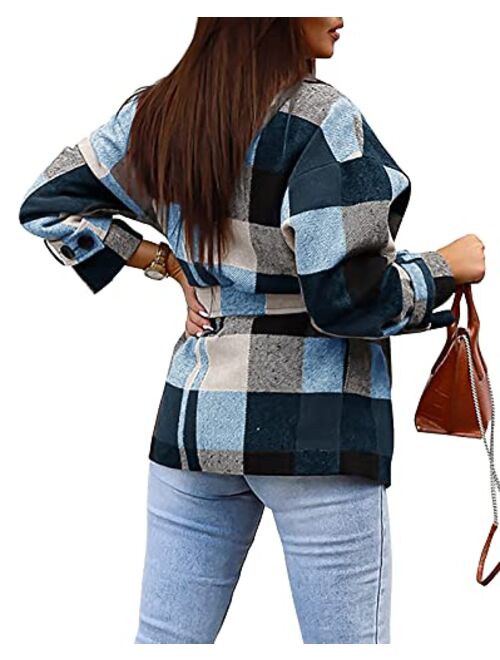 PiePieBuy Womens Casual Plaid Jacket Wool Blend Long Sleeve Tie Waist Shacket Coat With Pockets