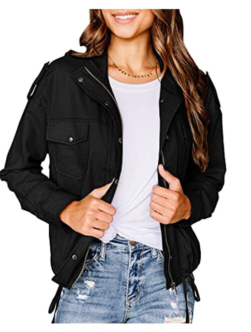 PiePieBuy Womens Military Jacket Zip Up Snap Buttons Lightweight Safari Coat Outwear