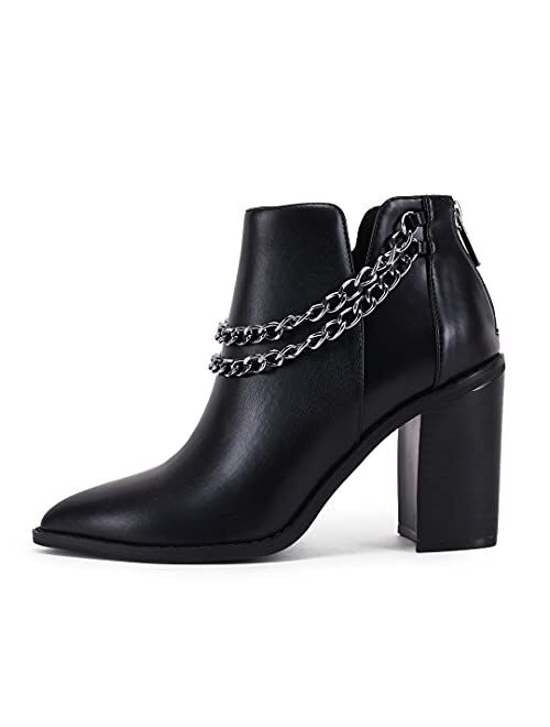 PiePieBuy Womens Pointed Toe Ankle Boots Stacked Chunky High Heel Back Zipper V Cut Booties With Double Chain