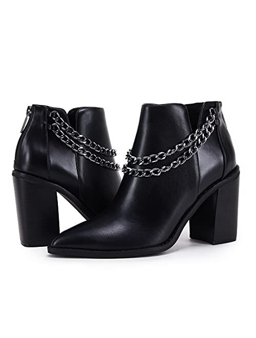 PiePieBuy Womens Pointed Toe Ankle Boots Stacked Chunky High Heel Back Zipper V Cut Booties With Double Chain