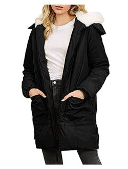 Womens Winter Warm Zip Up Quilted Long Down Jackets Hooded Coat with Pockets