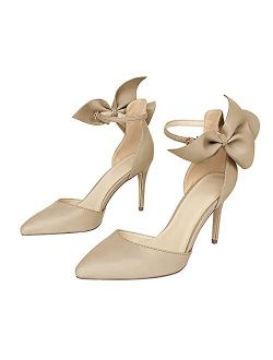 Women's Pointed Toe Stiletto High Heels Ankle Strap Pumps Bow Tie Wedding Dress Shoes Summer Sandals