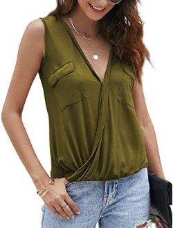 Womens Wrap V Neck Tnak Top Sleeveless Summer Casual Solid Color Shirts with Pockets