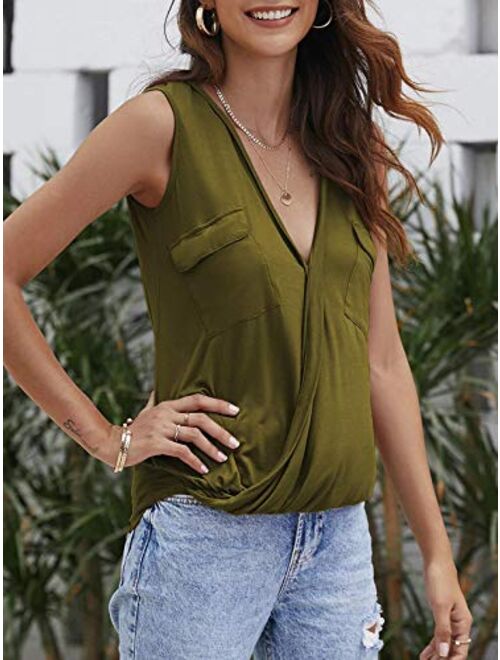 PiePieBuy Womens Wrap V Neck Tnak Top Sleeveless Summer Casual Solid Color Shirts with Pockets
