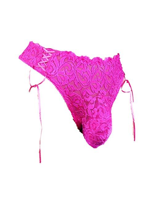 Aishani Sissy Pouch Panties Waist Size 36"-38" Silky lace Thong Girlie Bikini Briefs Sexy for Men (Pink,L)