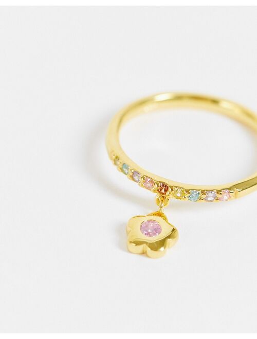 Reclaimed Vintage Inspired ring with pretty crystal flower in gold plated sterling silver