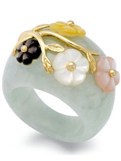 Macy's Jade and Multicolored Mother of Pearl (8mm) Flower Ring in 14k Gold over Sterling Silver