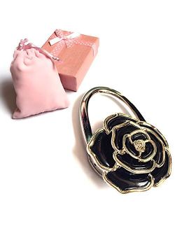 Elesa Miracle Purse Hook6 Choices Foldable Handbag Hanger, Folding Table Hanger, with Velvet Pouch in Gift Box (Black Flower)