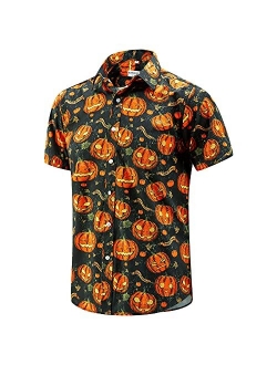J&DHUASHA Mens Halloween Shirt Fun Pumpkins Short Sleeve Button Down Hawaiian Dress Shirts