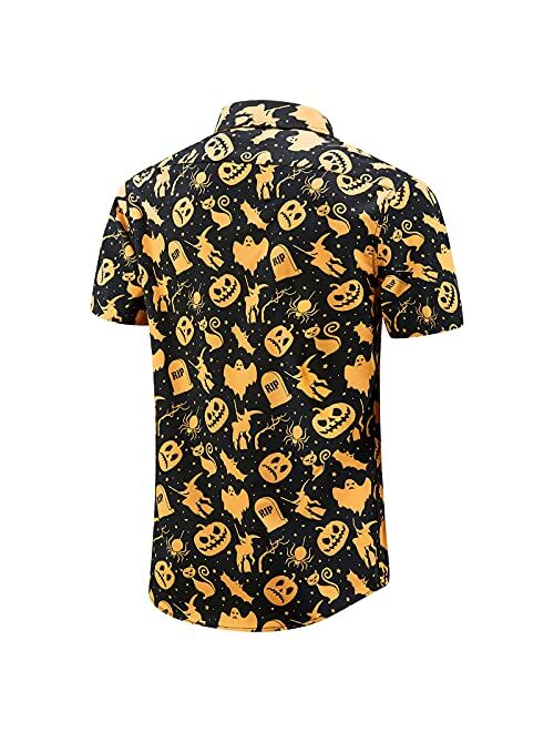J&DHUASHA Mens Halloween Shirt Fun Pumpkins Short Sleeve Button Down Hawaiian Dress Shirts