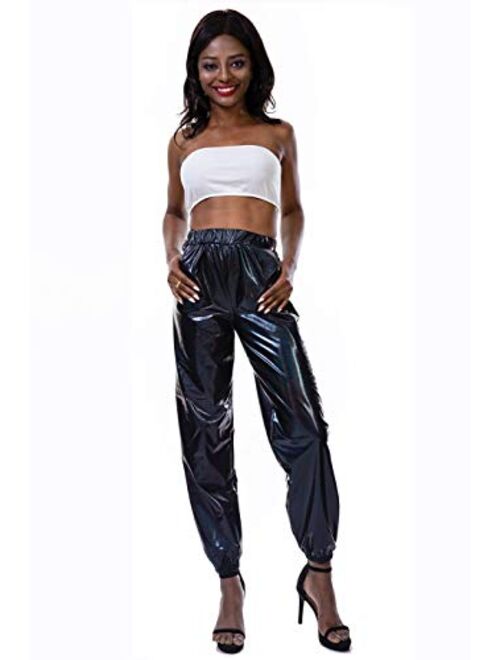 SIAEAMRG Womens Shiny Metallic High Waist Stretchy Jogger Pants, Wet Look Hip Hop Club Wear Holographic Trousers Sweatpant