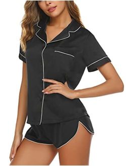 Women's Satin Silk Pajamas Set Short Sleeve Button-Down Pj Set Sleepwear Loungewear Two Piece Pj Short Sets