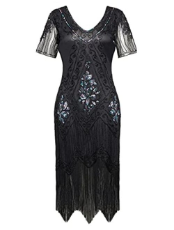 BABEYOND 1920s Art Deco Fringed Sequin Dress 20s Flapper Gatsby Costume Dress