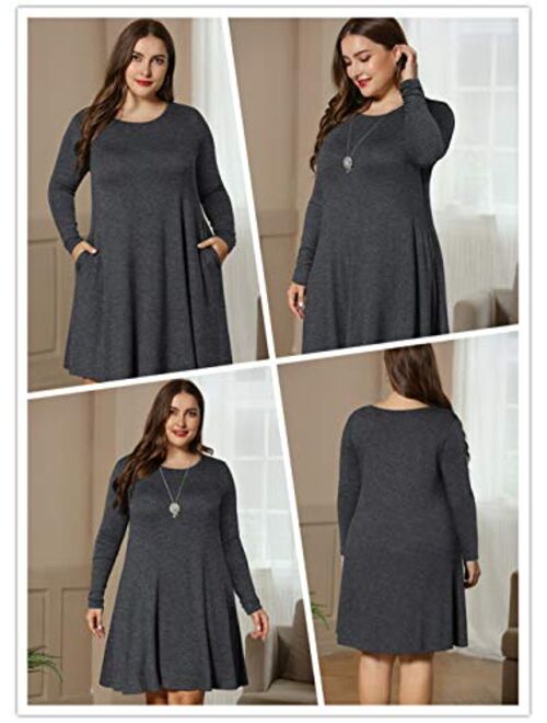 LONGYUAN Women's Winter XL-6XL Plus Size Dresses Casual Long Sleeve Dress with Pockets
