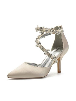 Anna's Bridal Women's Pointed Toe High Heels Pumps Ankle Strap Rhinestones Satin Heels Wedding Shoes for Bride Prom Party Dress Shoes Sandals
