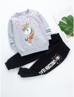 Toddler Girls Letter And Unicorn Print Pullover & Sweatpants