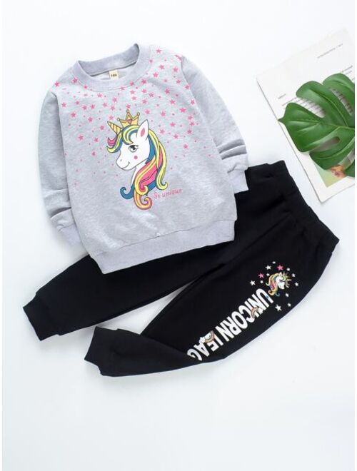Shein Toddler Girls Letter And Unicorn Print Pullover & Sweatpants