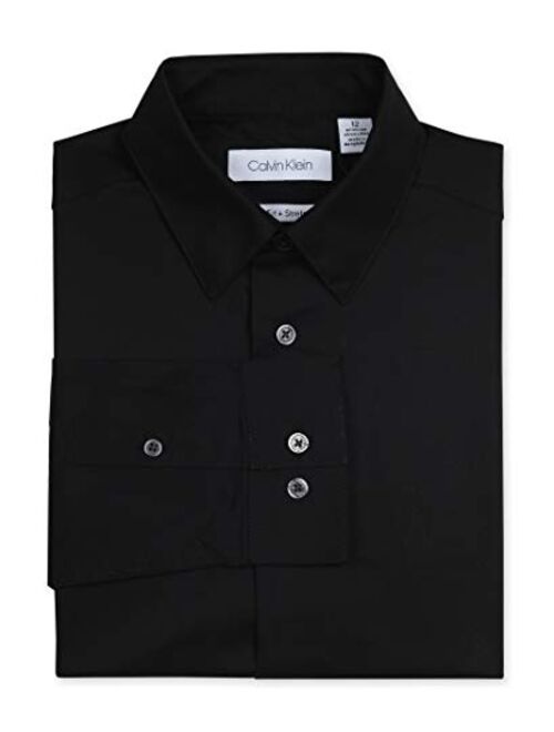 Calvin Klein Boys' Long Sleeve Sateen Dress Shirt, Style with Buttoned Cuffs & Shirttail Hem, Solid Color